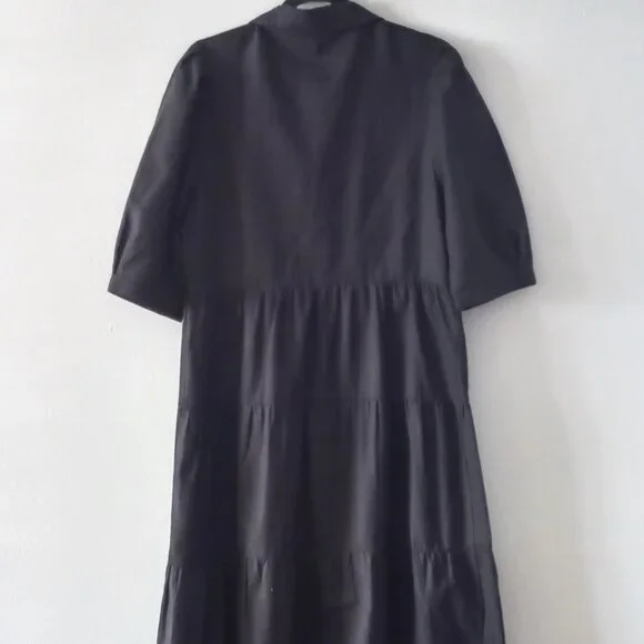 ESQUALO black cotton/linen tiered dress with puff sleeves - Picture 8 of 12